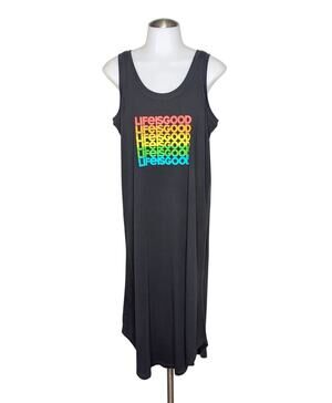 Life is Good Crusher-Lite Tank Dress Medium Retro Rainbow Graphic Charcoal Gray
